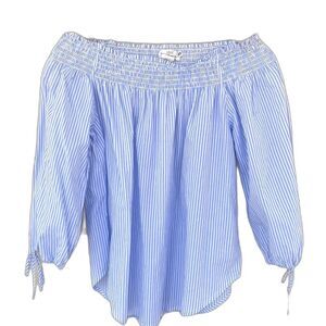 H&M Off the Shoulder Blue and White Striped Elbow Length 100% Cotton Top Size 4